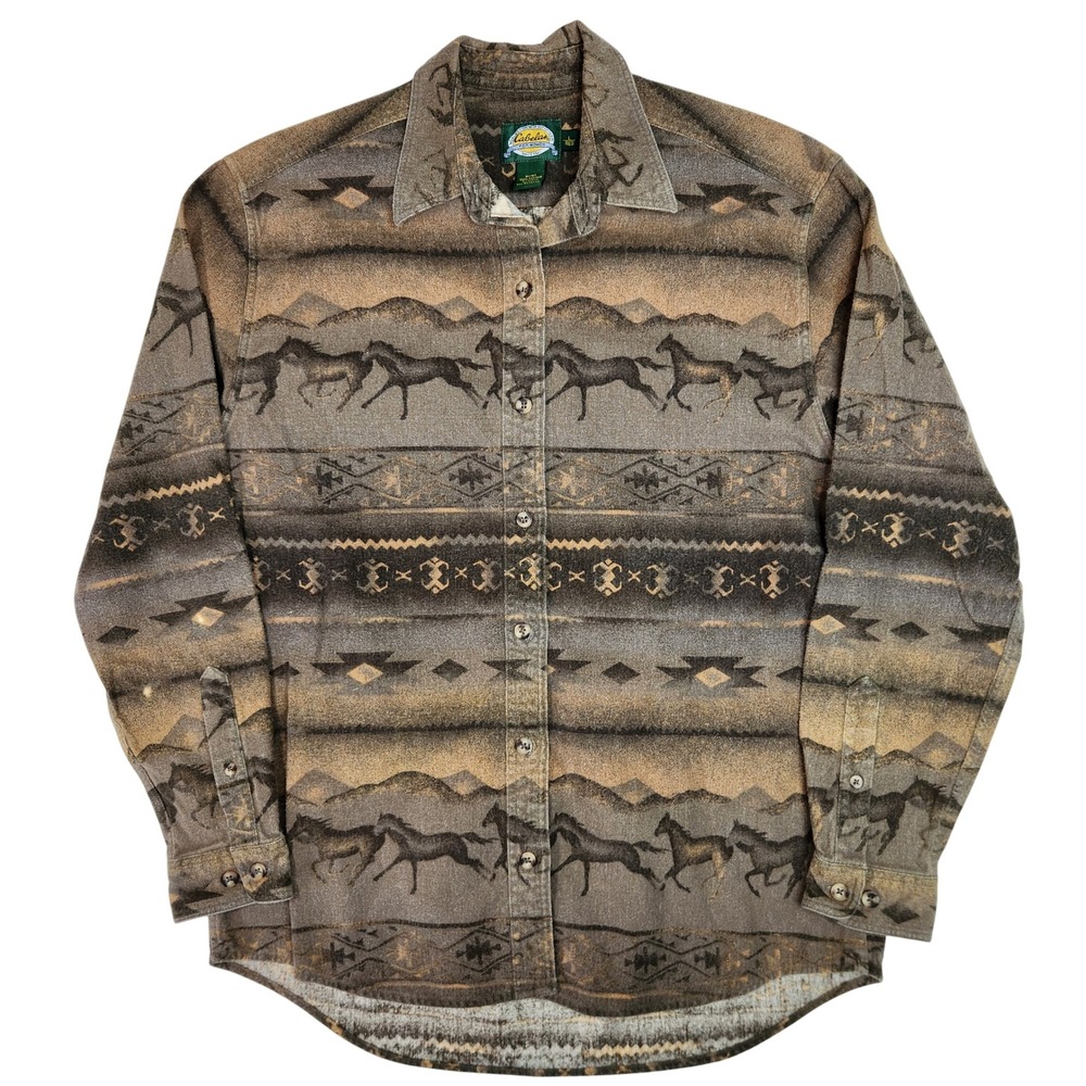 Cabelas Womens Large Brown Horse Southwestern Print Cotton Button Up Shirt L